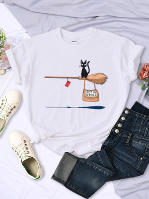Cute Cat Not In Service Comics Printing Women Soft Cartoons Soft Tshirt Fashion Crewneck Tshirts Vintage Loose T Shirts Couple