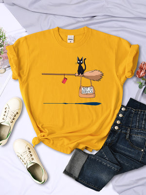 Cute Cat Not In Service Comics Printing Women Soft Cartoons Soft Tshirt Fashion Crewneck Tshirts Vintage Loose T Shirts Couple