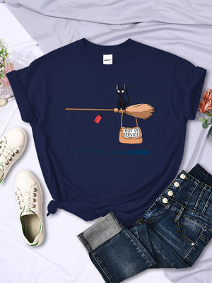 Cute Cat Not In Service Comics Printing Women Soft Cartoons Soft Tshirt Fashion Crewneck Tshirts Vintage Loose T Shirts Couple