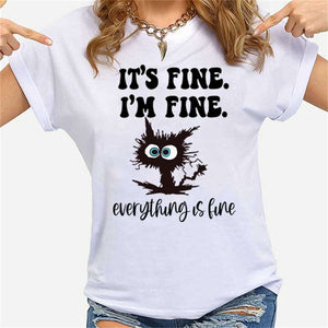 Women&#39;s Fashion Cat It&#39;s Fine I&#39;m Fine Everything Is Fine Print T-shirt Summer Casual Loose O-Neck Creative Personalized T-shirt