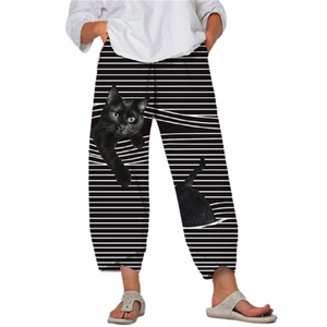 Spring Ladies Pants 2022 New Summer Pants Casual Cute Cartoon Cat Print Trousers Oversized Loose Beach Wide Leg Pants