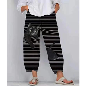 Spring Ladies Pants 2022 New Summer Pants Casual Cute Cartoon Cat Print Trousers Oversized Loose Beach Wide Leg Pants