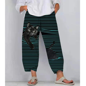 Spring Ladies Pants 2022 New Summer Pants Casual Cute Cartoon Cat Print Trousers Oversized Loose Beach Wide Leg Pants