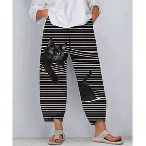 Spring Ladies Pants 2022 New Summer Pants Casual Cute Cartoon Cat Print Trousers Oversized Loose Beach Wide Leg Pants