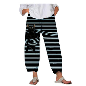 Spring Ladies Pants 2022 New Summer Pants Casual Cute Cartoon Cat Print Trousers Oversized Loose Beach Wide Leg Pants