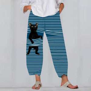 Spring Ladies Pants 2022 New Summer Pants Casual Cute Cartoon Cat Print Trousers Oversized Loose Beach Wide Leg Pants