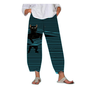 Spring Ladies Pants 2022 New Summer Pants Casual Cute Cartoon Cat Print Trousers Oversized Loose Beach Wide Leg Pants
