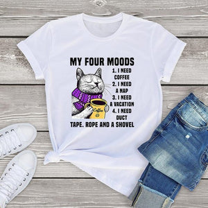 Funny Cat t shirt women Clothing Summer My Four Moods I Need Coffee Vacation Vintage Men&#39;s T Shirt Unisex Cotton tees tops