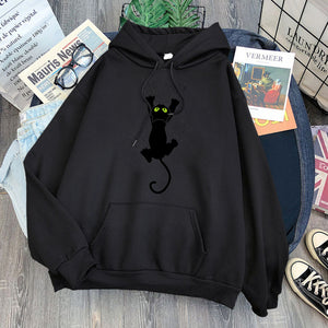 Hoody Funy Black Cats Cartoon Hoodies Female Fashion Korean Women&#39;S Winter Clothing Oversized Fleece Women Sweatshirts With Hood