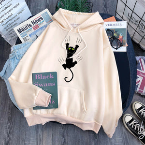 Hoody Funy Black Cats Cartoon Hoodies Female Fashion Korean Women&#39;S Winter Clothing Oversized Fleece Women Sweatshirts With Hood