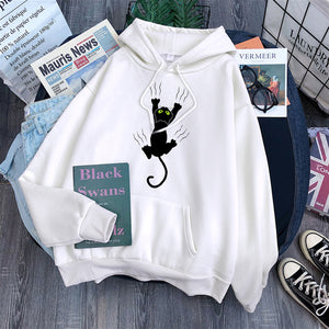 Hoody Funy Black Cats Cartoon Hoodies Female Fashion Korean Women&#39;S Winter Clothing Oversized Fleece Women Sweatshirts With Hood