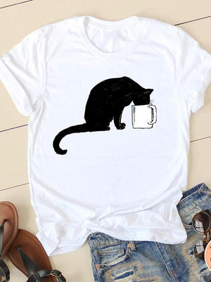 Print T-shirts Short Sleeve Ladies Summer Casual Clothing Women Cat Love Style O-neck Fashion Female T Clothes Graphic Tee