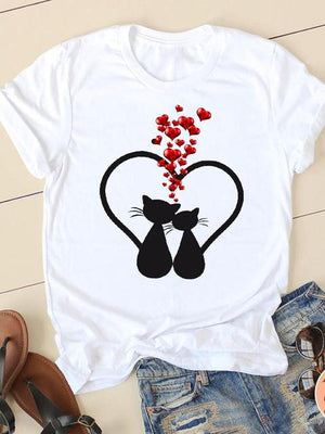 Print T-shirts Short Sleeve Ladies Summer Casual Clothing Women Cat Love Style O-neck Fashion Female T Clothes Graphic Tee