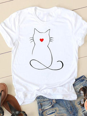 Print T-shirts Short Sleeve Ladies Summer Casual Clothing Women Cat Love Style O-neck Fashion Female T Clothes Graphic Tee