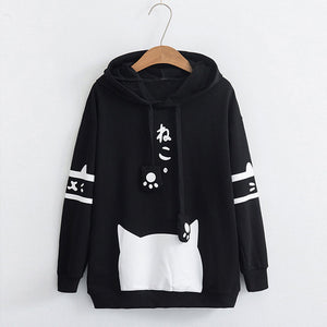 Fashion Sweatshirts Hoodies Women Casual Long Sleeve Kawaii Cat Print Pocket Hoodie Pullover Sweatshirt Top Худи Оверсайз