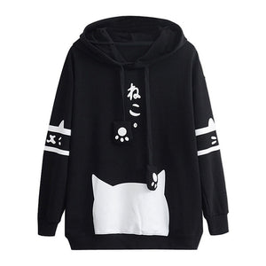 Fashion Sweatshirts Hoodies Women Casual Long Sleeve Kawaii Cat Print Pocket Hoodie Pullover Sweatshirt Top Худи Оверсайз