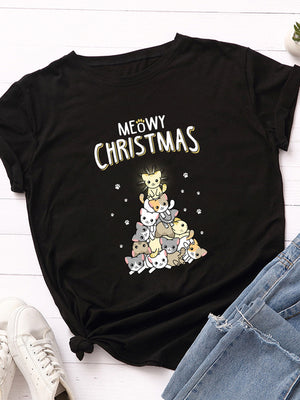 Merry Christmas Cat Print Women T Shirt Short Sleeve O Neck Loose Women Tshirt Ladies Tee Shirt Tops Clothes Camisetas Mujer