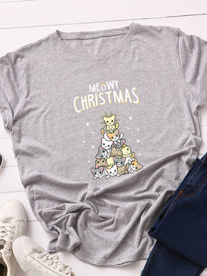 Merry Christmas Cat Print Women T Shirt Short Sleeve O Neck Loose Women Tshirt Ladies Tee Shirt Tops Clothes Camisetas Mujer