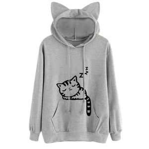 New Fashion Cat Ear Hooded Sweatshirts Tops Womens Cat Printed Long Sleeve Hoodies Pullovers