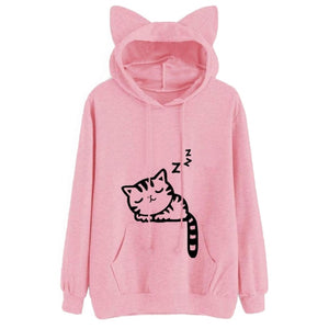 New Fashion Cat Ear Hooded Sweatshirts Tops Womens Cat Printed Long Sleeve Hoodies Pullovers